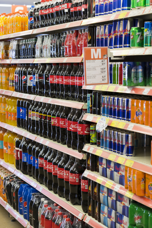 MARMARIS, TURKEY - 29 APRIL, 2017: Interior interior of stiles and refrigerators with products of Migros supermarket in Marmaris, Turkeyのeditorial素材