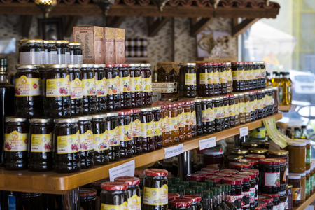 MARMARIS, TURKEY - 2 MAY, 2017: Shelves store specialized for the sale of honey bee pine and flowerのeditorial素材
