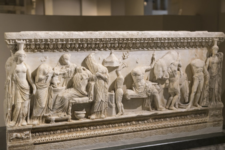 ISTANBUL, TURKEY - 4 APRIL 2017: Bas-reliefs on the stones of the sarcophagi of the ancient...