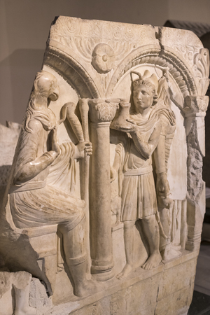 ISTANBUL, TURKEY - 4 APRIL 2017: Bas-reliefs on the stones of the sarcophagi of the ancient inhabitants of Byzantium in Istanbulのeditorial素材