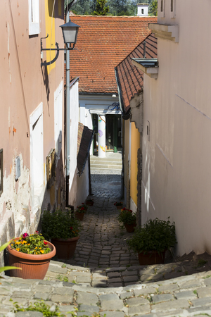 BUDAPEST, HUNGARY. 23 JUNE, 2017: The streets of the tourist town of Szentendre with shops and restaurants.のeditorial素材