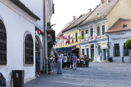 BUDAPEST, HUNGARY. 23 JUNE, 2017: The streets of the tourist town of Szentendre with shops and restaurants.のeditorial素材