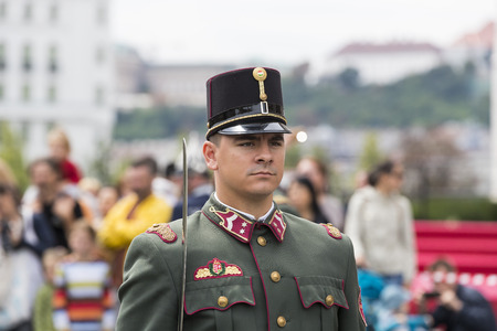 BUDAPEST, HUNGARY - 20 AUGUST 2017: Parade performance of the Hungarian Guard in front of tourists...