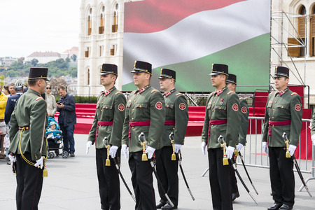 BUDAPEST, HUNGARY - 20 AUGUST 2017: Parade performance of the Hungarian Guard in front of tourists...