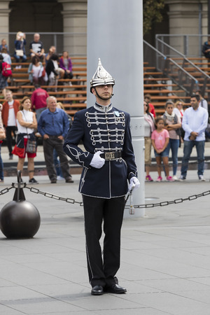 BUDAPEST, HUNGARY - 20 AUGUST 2017: Parade performance of the Hungarian Guard in front of tourists near the parliament in Budapestのeditorial素材