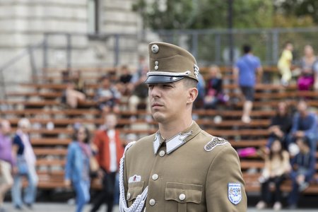 BUDAPEST, HUNGARY - 20 AUGUST 2017: Festive speech by the soldiers of the Hungarian army near the...