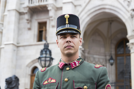 BUDAPEST, HUNGARY - 20 AUGUST 2017: Festive speech by the soldiers of the Hungarian army near the entrance to Saint Istvan.のeditorial素材