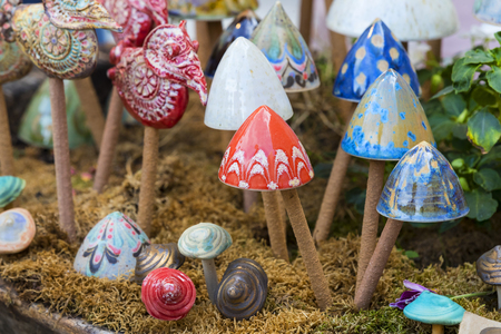 Traditional Hungarian ceramics are ceramic mushrooms for decorating pots for domestic plants.の写真素材