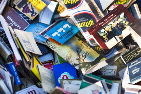 TEL AVIV-JAFFA, ISRAEL - 24 NOVEMBER 2017: Collection of matchboxes on the shelves of the antique marketのeditorial素材