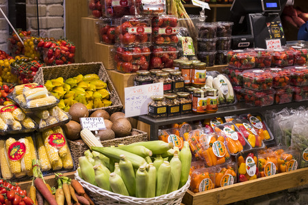 TEL AVIV, ISRAEL - 26 NOVEMBER 2017: Shops and counters with products and food