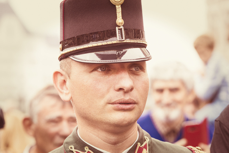 BUDAPEST, HUNGARY - 20 AUGUST 2017: Festive speech by the soldiers of the Hungarian army near the entrance to Saint Istvan.のeditorial素材