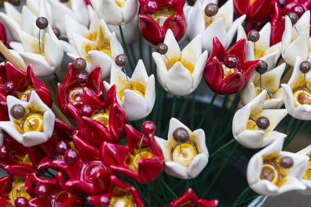 Traditional Hungarian ceramic flowers to decorate the interior of gardens and flower potsの写真素材