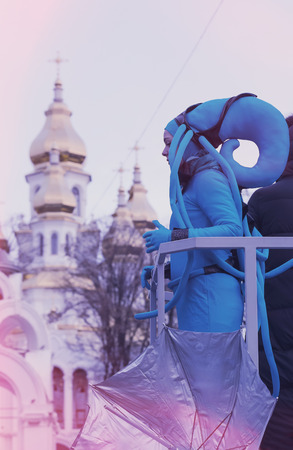 KHARKOV, UKRAINE- 26 FEBRUARY 2017: Traditional celebration carnival costume show in the town square.のeditorial素材