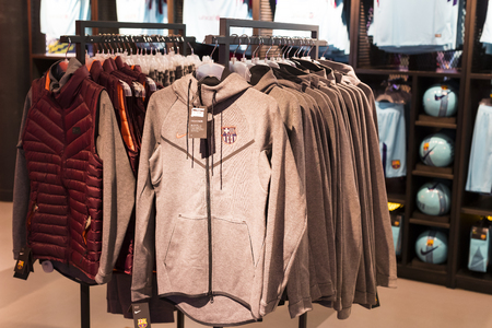 BARCELONA, SPAIN - 12 JANUARY 2018: Official Store FC Barcelona, ??clothing and footwear team of souvenirs and paraphernalia for fans of the team and visitors of the stadium.のeditorial素材