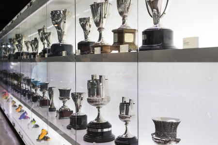 BARCELONA, SPAIN - 12 JANUARY 2018: The museum of trophies of the cups and awards of the team FC Barcelona in the Camp Nou.のeditorial素材