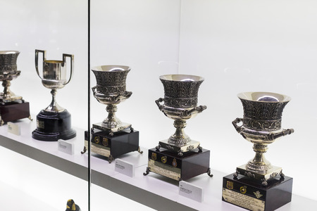 BARCELONA, SPAIN - 12 JANUARY 2018: The museum of trophies of the cups and awards of the team FC Barcelona in the Camp Nou.のeditorial素材