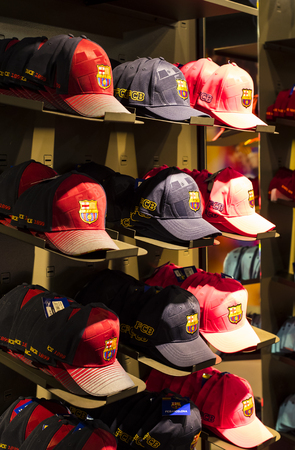 BARCELONA, SPAIN - 12 JANUARY 2018: Official Store FC Barcelona, ??clothing and footwear team of souvenirs and paraphernalia for fans of the team and visitors of the stadium.のeditorial素材