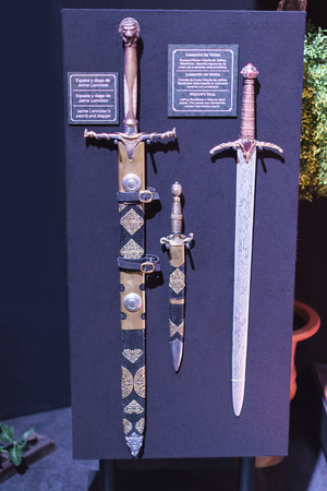 BARCELONA, SPAIN - 11 JANUARY 2018: Exhibition of costumes and props from the movie "The Game of Thrones" in the premises of the Maritime Museum of Barcelona.のeditorial素材