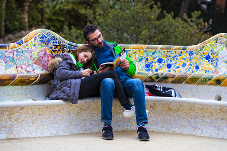 BARCELONA, SPAIN - 13 JANUARY 2018: Visitors are tourists and residents of the city in the Park Gell in the winter days.のeditorial素材