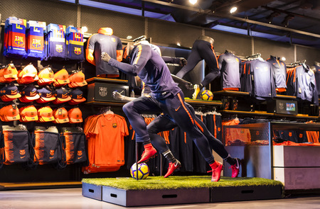 BARCELONA, SPAIN - 12 JANUARY 2018: Official Store FC Barcelona, ??clothing and footwear team of souvenirs and paraphernalia for fans of the team and visitors of the stadium.のeditorial素材