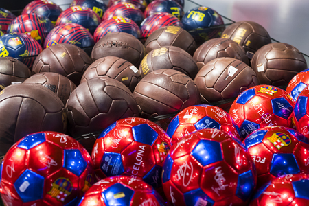 BARCELONA, SPAIN - 12 JANUARY 2018: Official Store FC Barcelona, ??clothing and footwear team of souvenirs and paraphernalia for fans of the team and visitors of the stadium.のeditorial素材