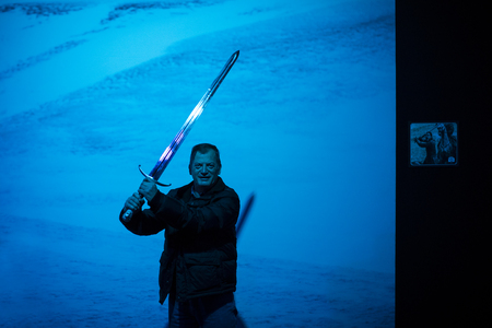 BARCELONA, SPAIN - 11 JANUARY 2018: Original costumes of actors and props from the movie "The Game of Thrones" in the premises of the Maritime Museum of Barcelona.のeditorial素材