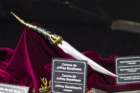 BARCELONA, SPAIN - 11 JANUARY 2018: Original costumes of actors and props from the movie "The Game of Thrones" in the premises of the Maritime Museum of Barcelona.のeditorial素材