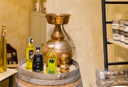 BARCELONA, SPAIN - 13 JANUARY 2018: Rural wine shop of sangria and olive oil on the territory of architectural complex Poble Espanyol. Created in 1929 for an international exhibition held in Barcelona.のeditorial素材