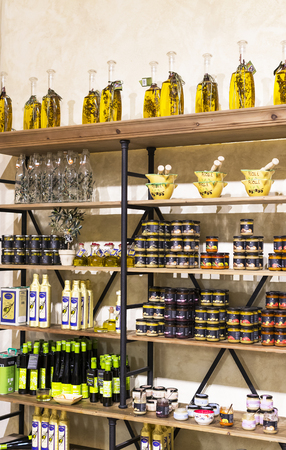 BARCELONA, SPAIN - 13 JANUARY 2018: Rural wine shop of sangria and olive oil on the territory of architectural complex Poble Espanyol. Created in 1929 for an international exhibition held in Barcelona.のeditorial素材