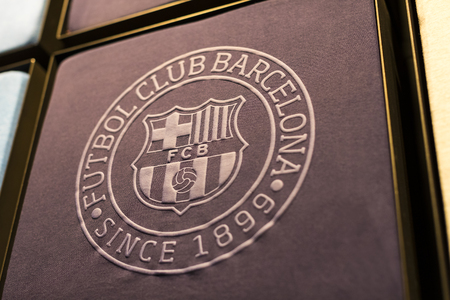 BARCELONA, SPAIN - 12 JANUARY 2018: Official Store FC Barcelona, ??clothing and footwear team of souvenirs and paraphernalia for fans of the team and visitors of the stadium.のeditorial素材
