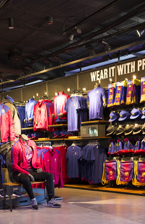 BARCELONA, SPAIN - 12 JANUARY 2018: Official Store FC Barcelona, ??clothing and footwear team of souvenirs and paraphernalia for fans of the team and visitors of the stadium.のeditorial素材