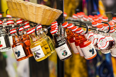 23 AUGUST 2017, VIENNA, AUSTRIA: The oldest in Vienna is the Naschmarkt Market with products of alcoholic fruits and vegetables.のeditorial素材