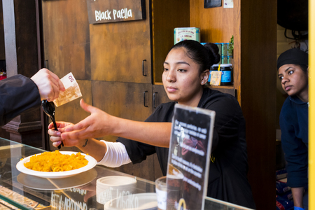 MADRID, SPAIN - 28 MARCH, 2018: Mercado San Miguel market with food courts and delicacies is a popular place among tourists and city dwellers.のeditorial素材