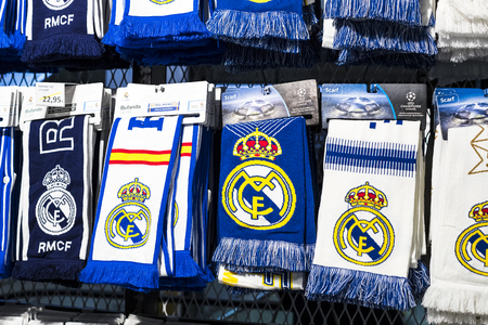 MADRID, SPAIN - 25 MARCH, 2018: Official clothing store and sports attributes for fans Real Madrid Football Club.のeditorial素材