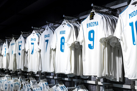 MADRID, SPAIN - 25 MARCH, 2018: Official clothing store and sports attributes for fans Real Madrid Football Club.のeditorial素材