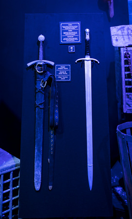 BARCELONA, SPAIN - 11 JANUARY 2018: Exhibition of costumes and props from the movie "The Game of Thrones" in the premises of the Maritime Museum of Barcelona.のeditorial素材