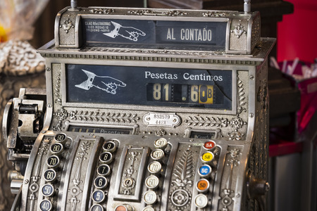 The old cash register National 1905 of the year was shot close-up.のeditorial素材