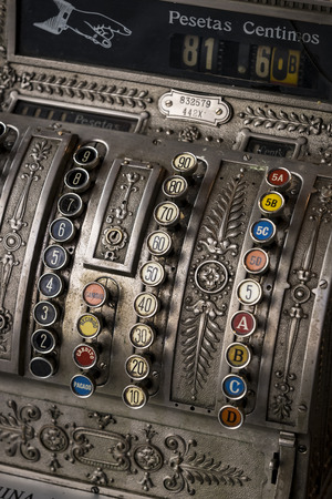 The old cash register National 1905 of the year was shot close-up.のeditorial素材