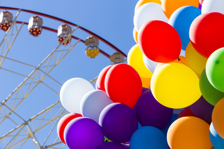 Background of a set of colored balloons on the sky backgroundの写真素材