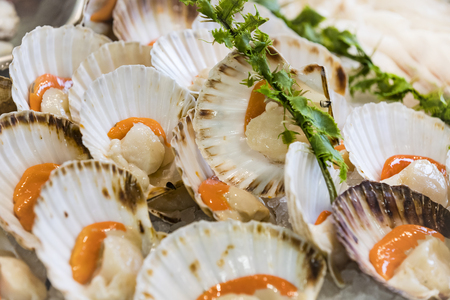 Background of fish, shrimp clams in the markets of Milan in Italy.