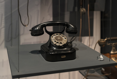 6 JUNE 2018, MILAN, ITALY: Technological Technical Museum named after Leonardo Da Vinci Department, exposition of the development of communication and telecommunications.のeditorial素材