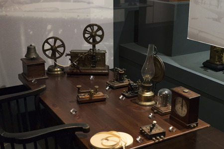 6 JUNE 2018, MILAN, ITALY: Technological Technical Museum named after Leonardo Da Vinci Department, exposition of the development of communication and telecommunications.のeditorial素材