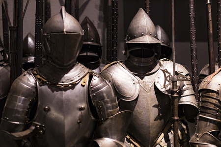 4 JUNE 2018, MILAN, ITALY: Museum of the Poldis Pezzoli Knights' Hall with samples of medieval weapons and ammunitionのeditorial素材