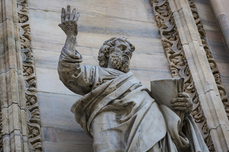 2 JUNE 2018, MILAN, ITALY: Sculptures of saints and martyrs decorating the Cathedral of Milan (Duomo di Milano) are shot closeup.のeditorial素材