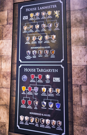 BARCELONA, SPAIN - 11 JANUARY 2018: Original costumes of actors and props from the movie "The Game of Thrones" in the premises of the Maritime Museum of Barcelona.のeditorial素材