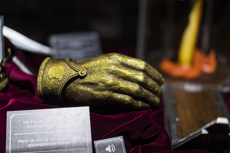 BARCELONA, SPAIN - 11 JANUARY 2018: Original costumes of actors and props from the movie "The Game of Thrones" in the premises of the Maritime Museum of Barcelona.のeditorial素材