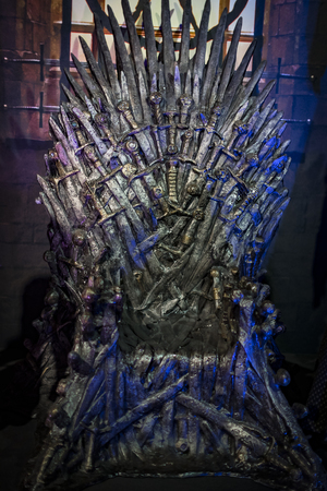 BARCELONA, SPAIN - 11 JANUARY 2018: Original costumes of actors and props from the movie "The Game of Thrones" in the premises of the Maritime Museum of Barcelona.のeditorial素材