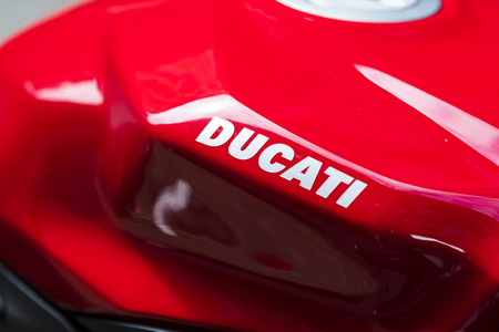 6 JUNE 2018, MILAN, ITALY: DUCATI Motorcycle Emblems on the streets of Milan in Italy.のeditorial素材