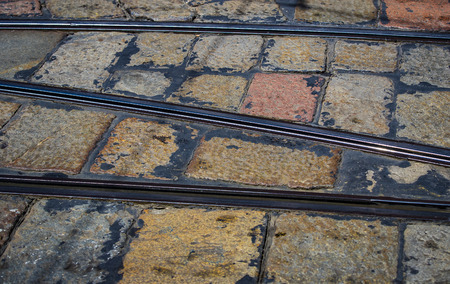Abstract tram rails close-up on the streets of Milanの写真素材