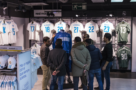 MADRID, SPAIN - 25 MARCH, 2018: Official clothing store and sports attributes for fans Real Madrid Football Clubのeditorial素材